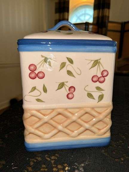 Gorgeous INSPIRADO hand painted StoneLite Clay lidded cookie jar…..kid is rubber sealed…..7” square x 10-1/4 tall image