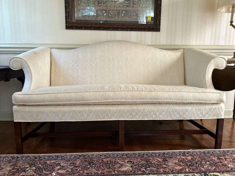 Mahogany Chippendale-style camel back sofa…..has one stain on top of arm……72 x 20 x 19 to seat (36 tall overall) image