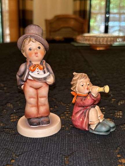 (2) Vintage Goebel Hummel Porcelain Figurines - “Street Singer” and “Girl with Horn”……5” and 3” tall image