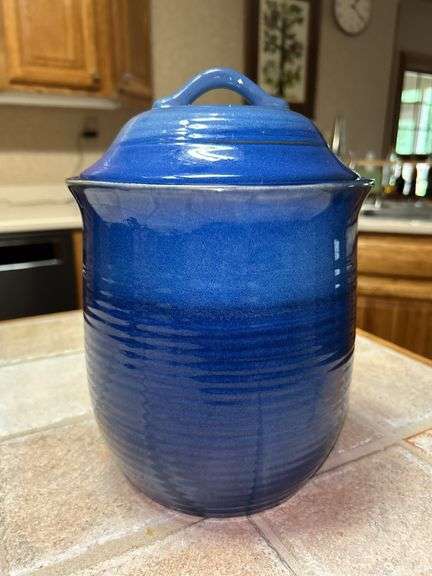 Very nice blue ribbed high glaze ceramic canister with rubber seal lid…..11” tall image