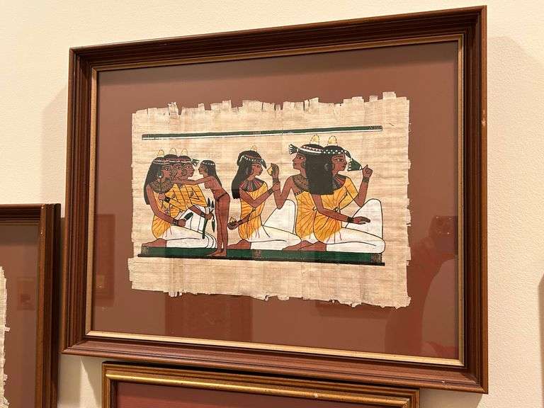 Vintage Egyptian Papyrus Painting possibly depicting aspects of daily life, religious rituals, or mythological narratives…..18 x 14 image