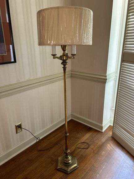 Solid brass base 3-arm candelabra-style floor lamp with neutral color shade…..59-1/2” tall image