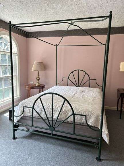 Queen size decorative green metal canopy bed with Sealy mattress…..all inclusive and must take all image