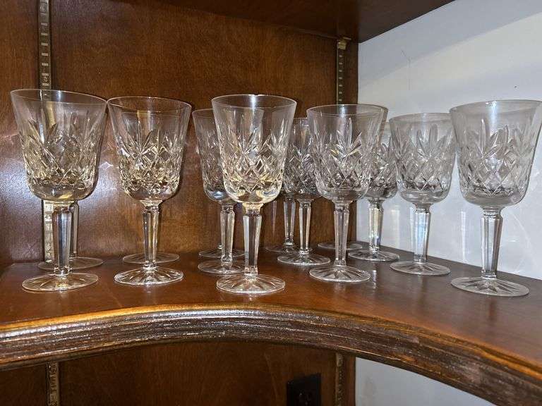 Shelf of crystal glassware……there is chipping on several…..please see all pics as I could not get one long shot of all image