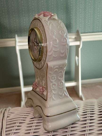 Vintage Porcelain Mantle Quartz Clock with Rose Flower Detail……10” tall (needs battery)