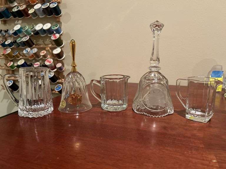 (5) pieces of clear glass and crystal items…..bell on left has clapper with 30th on it image