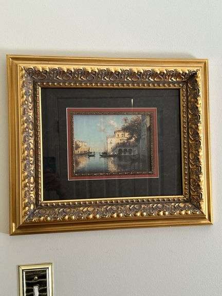 Beautifully framed vintage 1930s Oil on Canvas Venice Print by Antoine Bouvard….19-1/2 x 16-1/2 image