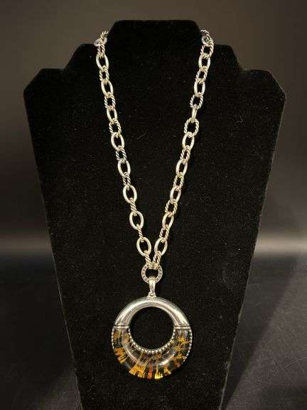 Link chain necklace with round silver tone and acrylic leopard print design pendant image