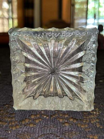 Vintage Square Fluted Glass Decanter with Silverplate Collar & Round Ribbed Stopper…..11” tall