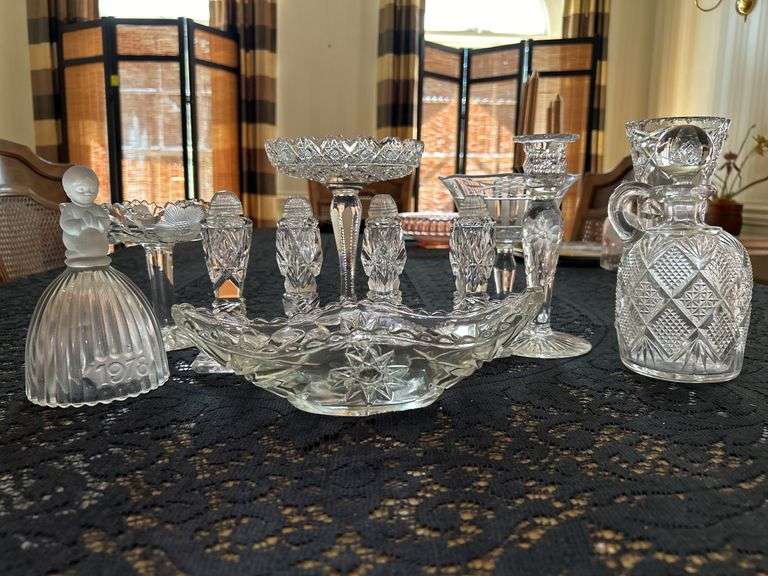 Beautiful grouping of clear, pressed and cut glass items…..there is slight chipping on some (see all pics) image