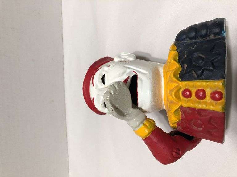Vtg early 1900s Humpty Dumpty Circus Clown. Cast iron. Mechanical bank. 6” H x 5.5” W x 5” D.