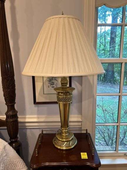 Great looking Stiffel solid brass trophy-style base lamp with flared/pleated cloth shade….34” tall…..lining of shade is torn image