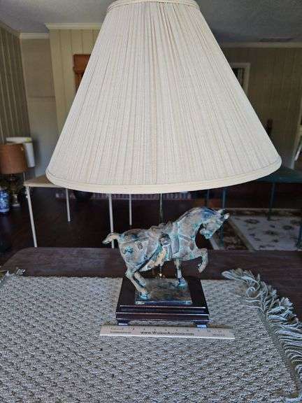Tang Dynasty Style Metal Horse Lamp 27" Tall on Wooden Base 8 5/8"x5 7/8" image