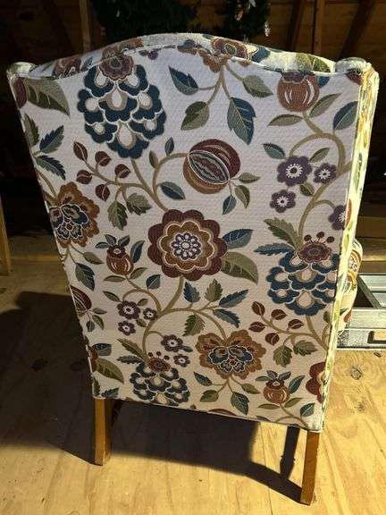 Custom upholstered Queen Anne style wing back chair…..29-1/2 x 21 x 20 tall to seat (43-1/2 tall overall)…..shows slight wear from normal use but overall in really good condition