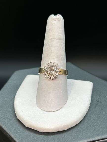 14K yellow gold diamond ring with solid center diamond surrounded by 14 smaller diamonds…..total carat weight is approximately 2.75 carats…..NO APPRAISAL OR PAPERWORK IS INCLUDED…..size 8-3/4 image