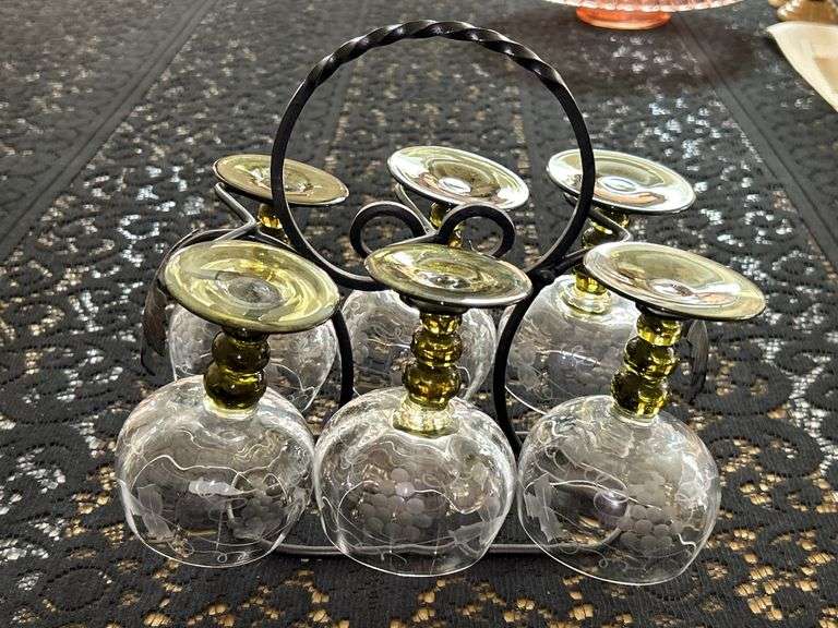 Set of (9) Vintage Green Bubble Stem Crystal Wine Glasses Etched Grapevine Pattern…..also comes with wrought iron holder for 6…..4-1/4” tall
