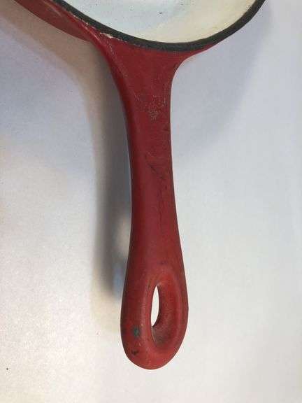 BASICS cast iron red/white enameled 6 1/2” cast iron skillet. 2 spouts