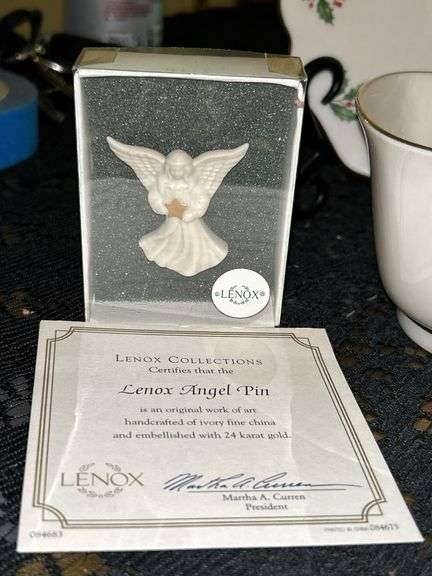 Collection of LENOX ivory and white gold trimmed Christmas items…..please see all pics…..the head of the angel Limoges-style ornament needs reattached