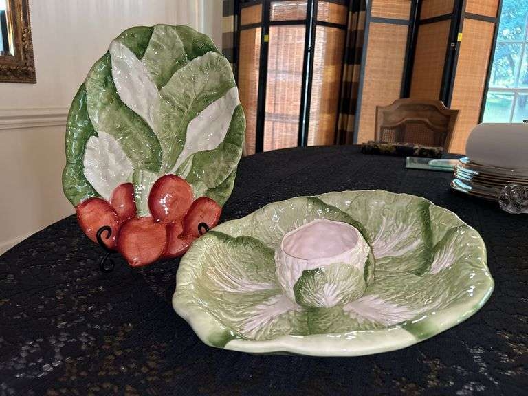 (3) pieces of Hearth & Home Radish & Cabbage Designed ceramic servers…..radish tray is 14 x 9-1/2 and cabbage bowl is 13-1/2 x 2-3/4 tall image