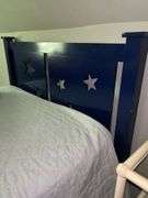 Wooden full size bed with cut out stars headboard, Hilfiger reversible quilt (has American flag on reverse) and Sealy mattress set