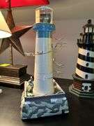 Nice selection of lighthouses made from various materials…..far left is musical (needs batteries, far right is a bank…..heights range from approx. 12-1/2 to 13-1/2” tall