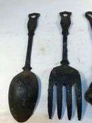 Vintage old fashioned kitchen utensils. Oversized spoon, 2 forks and ladel.  10.5 to 11” L x 2 to 3”W approx.