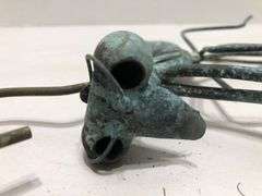 Metal garden grasshopper. Copper with green patina. 8” x 8” overall. Body 6” L