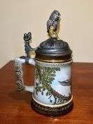 (2) very nice owl home decor items…..left is a pitcher by Fitz & Floyd and stands 8-3/4” tall (1 tiny chip on back log)…..right is an Opa’s Haus Inc. Edition owl themed stein  from The American Wildlife Stein Series (9” tall)