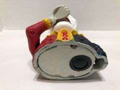 Vtg early 1900s Humpty Dumpty Circus Clown. Cast iron. Mechanical bank. 6” H x 5.5” W x 5” D.