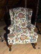 Custom upholstered Queen Anne style wing back chair…..29-1/2 x 21 x 20 tall to seat (43-1/2 tall overall)…..shows slight wear from normal use but overall in really good condition
