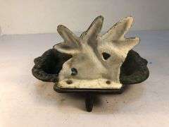 Vintage Dragonfly cast iron footed soap/sponge dish. Blue, orange & white dragonfly sitting on green grass. 4” h x 6” w x 4.5” d.