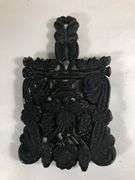 Vintage Wilton #9 grape and vine design scroll trivet, footed. Black finish. 7.25 x 4.25”.