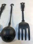 Vintage old fashioned kitchen utensils. Oversized spoon, 2 forks and ladel.  10.5 to 11” L x 2 to 3”W approx.