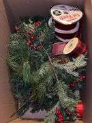 Beautiful grouping of Christmas decor…..box of greenery and ribbon, hammered metal deer, (4) great looking ceramic carolers and sleigh with artificial poinsettias