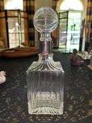 Vintage Square Fluted Glass Decanter with Silverplate Collar & Round Ribbed Stopper…..11” tall