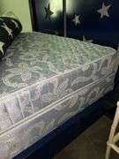 Wooden full size bed with cut out stars headboard, Hilfiger reversible quilt (has American flag on reverse) and Sealy mattress set