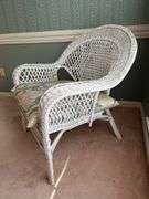 White wicker chair with cushion…..31-3/4 x 23 x 18 to top of cushion (32 tall overall)