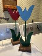 Wide variety of handcrafted wooden flowers, angels and animals