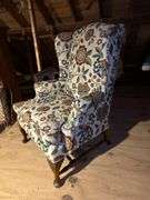Custom upholstered Queen Anne style wing back chair…..29-1/2 x 21 x 20 tall to seat (43-1/2 tall overall)…..shows slight wear from normal use but overall in really good condition