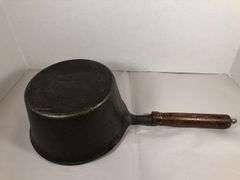 Sauce pan 1 quart with lid and wood handle. Made in Taiwan. #1  U. 7.5” diameter. No spin, no wobble.