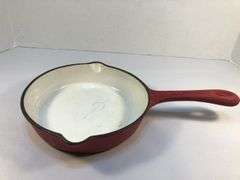 BASICS cast iron red/white enameled 6 1/2” cast iron skillet. 2 spouts