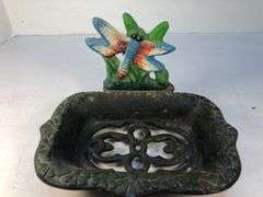 Vintage Dragonfly cast iron footed soap/sponge dish. Blue, orange & white dragonfly sitting on green grass. 4” h x 6” w x 4.5” d.