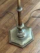 Solid brass base 3-arm candelabra-style floor lamp with neutral color shade…..59-1/2” tall