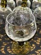 Set of (9) Vintage Green Bubble Stem Crystal Wine Glasses Etched Grapevine Pattern…..also comes with wrought iron holder for 6…..4-1/4” tall