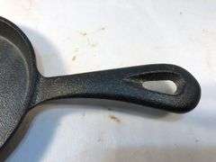 Mini 5” cast iron cookie skillet. 3.75” handle. No markings. No spin, no wobble.