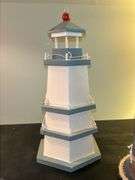 Nice selection of lighthouses made from various materials…..far left is musical (needs batteries, far right is a bank…..heights range from approx. 12-1/2 to 13-1/2” tall