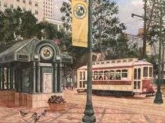 Signed Elaine Neeley Downtown Street Car print…..11-1/4 x 9-1/4…..one corner of frame has blemish