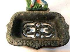 Vintage Dragonfly cast iron footed soap/sponge dish. Blue, orange & white dragonfly sitting on green grass. 4” h x 6” w x 4.5” d.