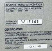 Sony stereo speaker system compact disc deck receiver model #HCD-RX33; speakers model " SS-J15