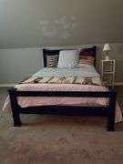 Wooden full size bed with cut out stars headboard, Hilfiger reversible quilt (has American flag on reverse) and Sealy mattress set